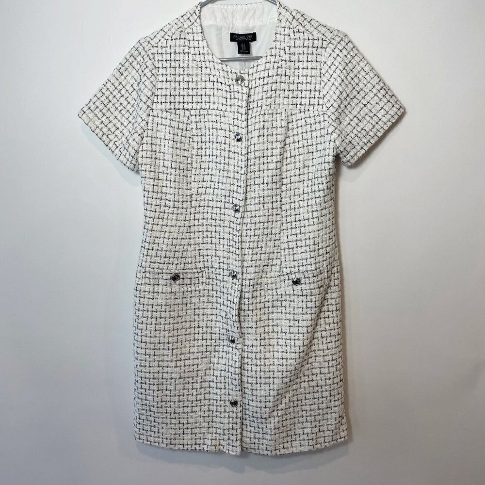 Rachel Zoe Tweed Button Up Mini‎ Dress Womens Size 8 White Short Sleeve NEW